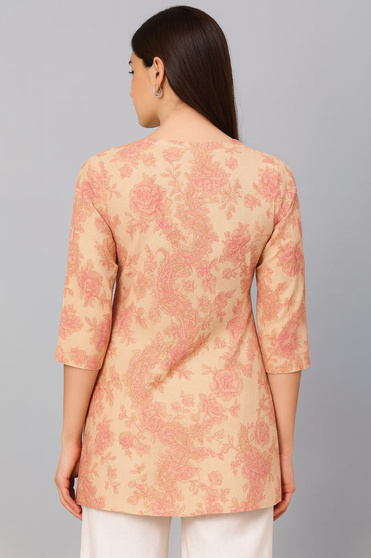 V neck Roseprint Cotton Kurti with 3/4th sleeves - newkasa