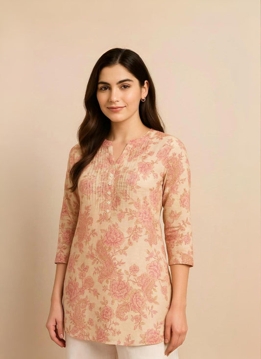 V neck Roseprint Cotton Kurti with 3/4th sleeves - newkasa
