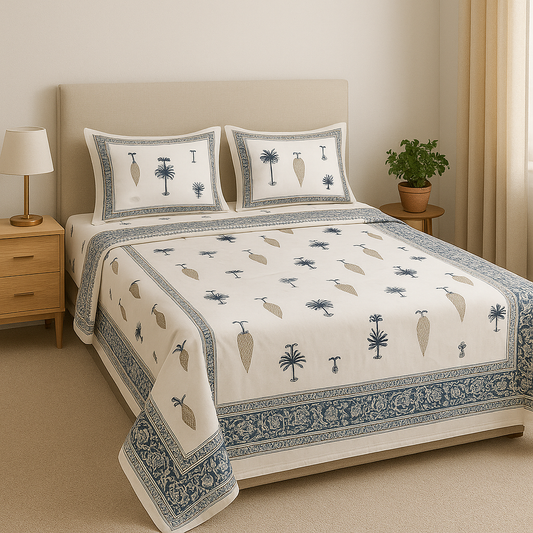 newkasa Jaipuri Hand Block Print Cotton Bedsheet with Palm Tree & Floral Buta + 2 Pillow Covers – 90 x 108 king size Bed - newkasa