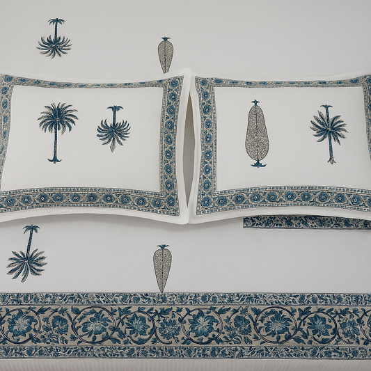 newkasa Jaipuri Hand Block Print Cotton Bedsheet with Palm Tree & Floral Buta + 2 Pillow Covers – 90 x 108 king size Bed - newkasa