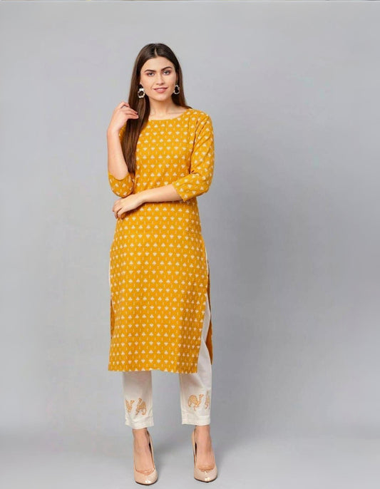 Mustard Cotton Kurti Set with Camel-Embroidered Palazzo - newkasa