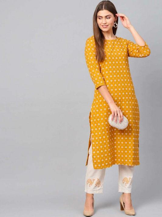 Mustard Cotton Kurti Set with Camel-Embroidered Palazzo - newkasa