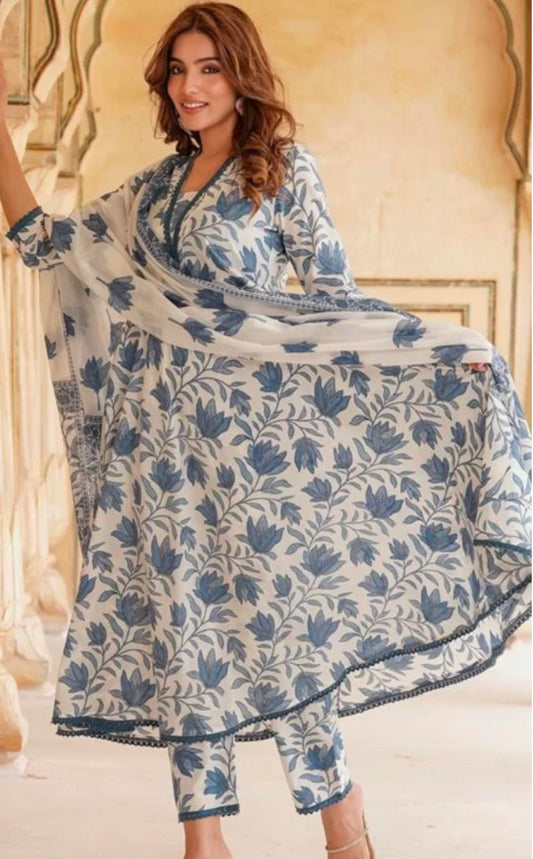 Indigo Bloom Handblock Printed Cotton Kurti Set – 3 Piece - newkasa
