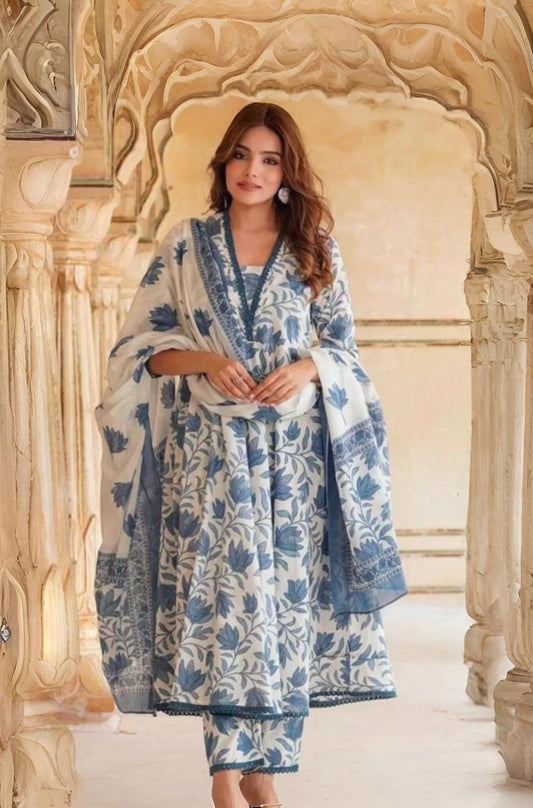 Indigo Bloom Handblock Printed Cotton Kurti Set – 3 Piece - newkasa